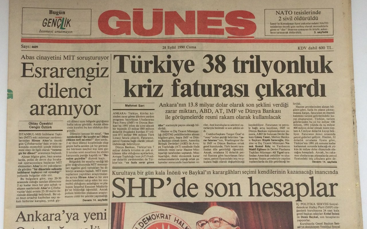 Güneş Gazetesi, 28 Eylül 1990, Türkiye 38 trilyonluk kriz faturası çıkartt.